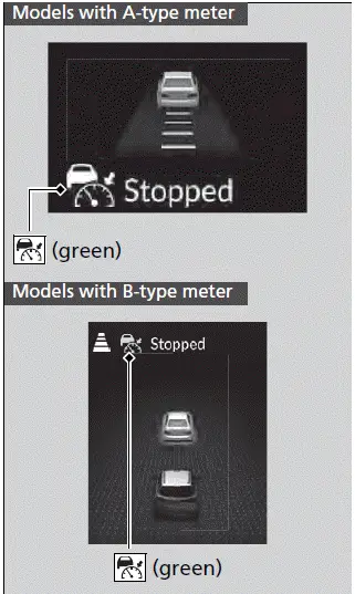 A vehicle detected ahead is within ACC with Low Speed Follow range and slows to a stop